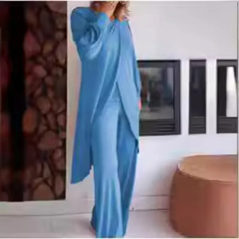 New Women's Clothing Long-sleeved Suit Wide-leg Pants Suit Irregular Fashion Casual Cross Large Size Two-piece Set