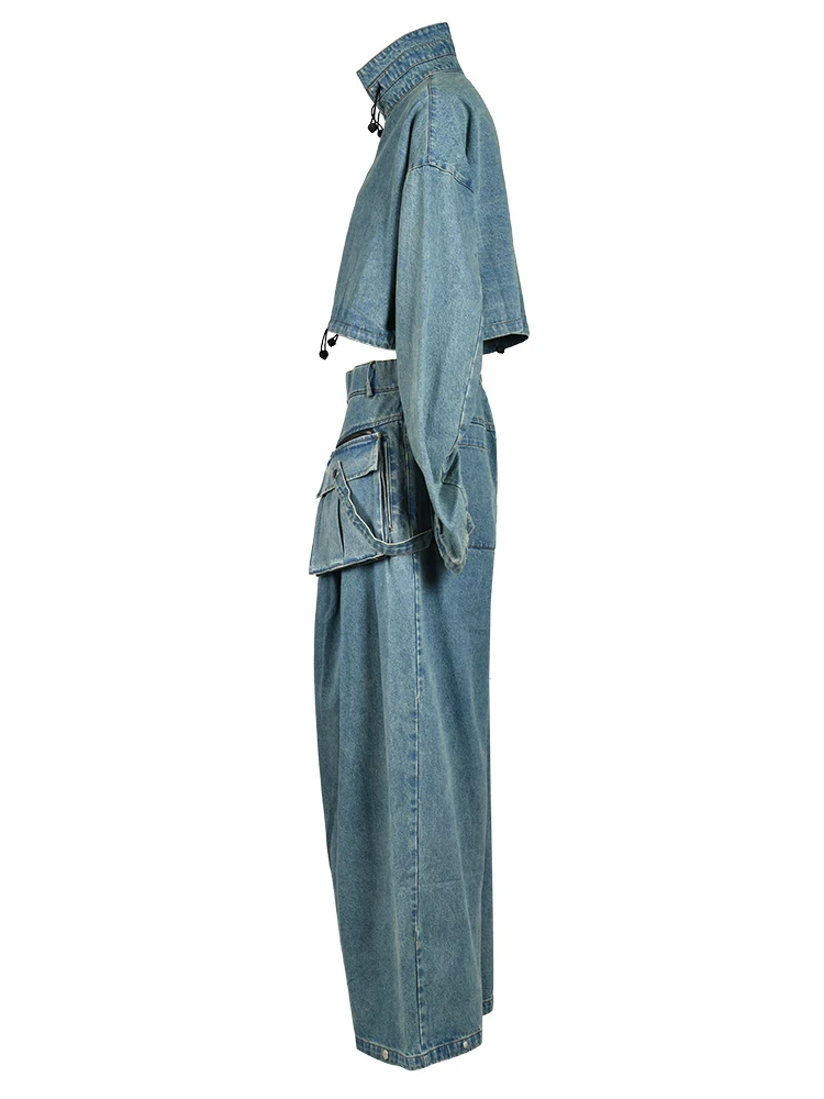 [EAM] Blue Denim Jacket Big Size Wide Leg Pants Two Piece Suit New Stand Collar Women Fashion Tide Spring Autumn 2024 CPG0370