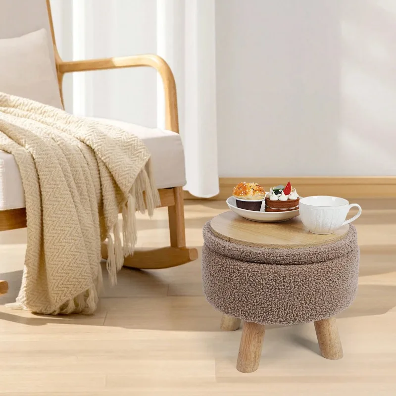 Fleece Storage Round Stool, 2-In-1 Chair/Table Solves Small Space Storage & Coffee Table Footprint Issues. Tool-Free Assembly. Suitable As Entryway Shoe Bench, Footstool, Makeup Stool, Camping Picnic Chair, Dorm Storage Stool. Christmas Gift