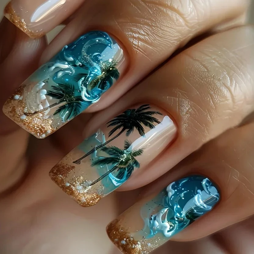 

24PCS Hawaii Summer Colored Gradient French False Nails with Blue Ocean Beach Square Press on Nails Full Cover Wearable Nails