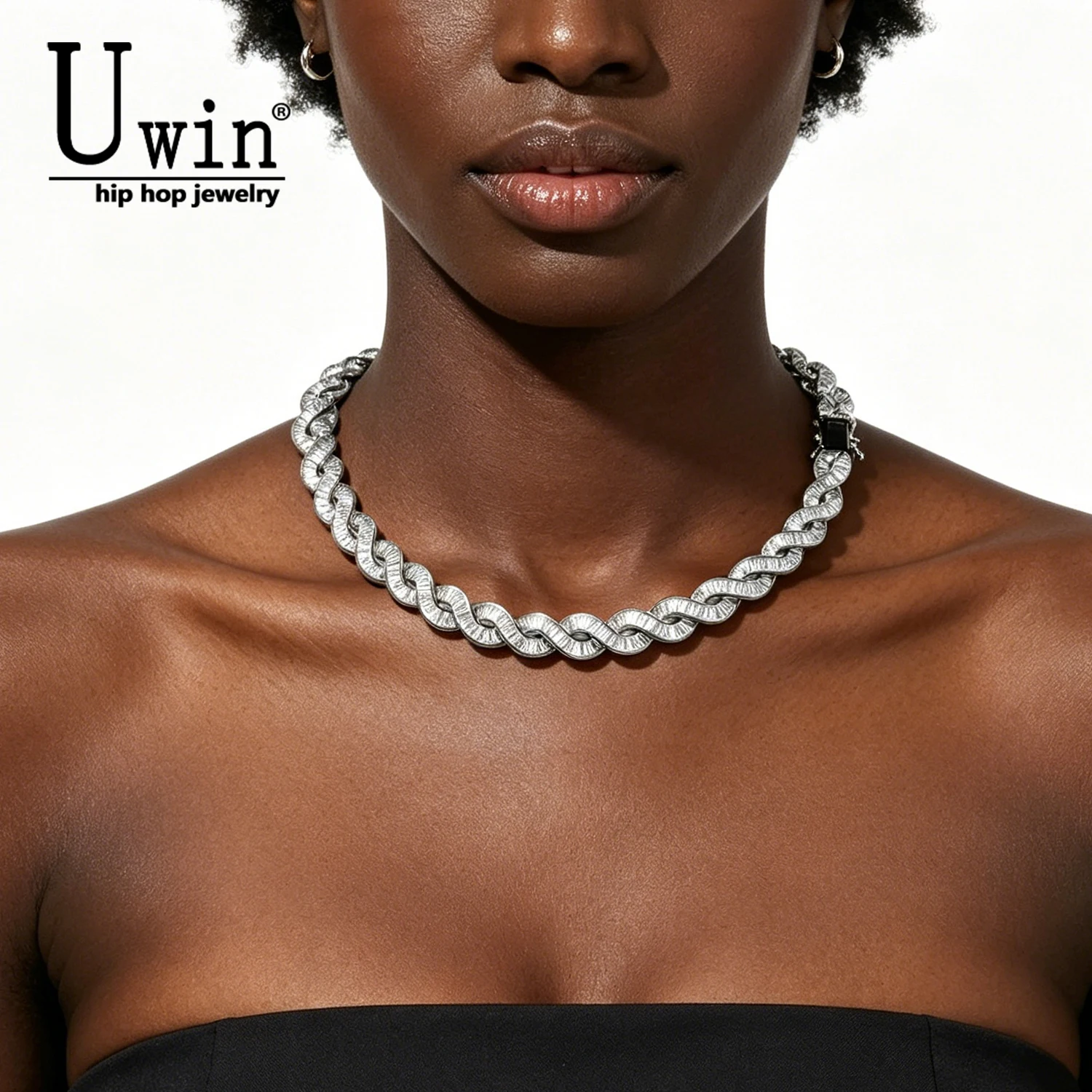 Uwin 10mm DNA Chain Infinity Cuban Baguettecz Twist Necklace Iced Out Square Cubic Zirconia HipHop Fashion Jewelry