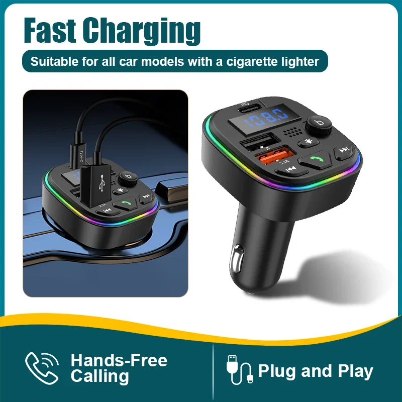 Bluetooth 5.4 Transmitter for Car Handsfree AUX Radio Modulator MP3 Player with 22.5W PD30W Fast Charge Adapter Car Accessories