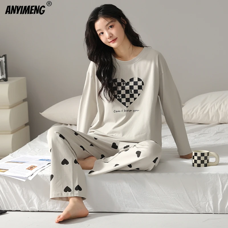 Pure Cotton Women Pajamas Autumn Winter Heart Print Pajama Long Sleeves Pijamas Round Collar Woman Pyjama Causal Sleepwear