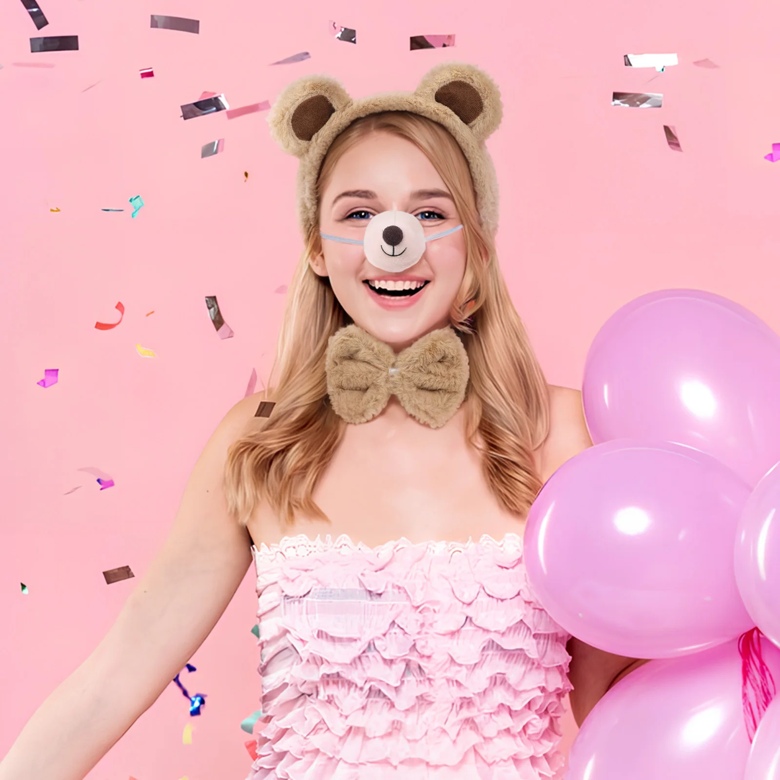 1 Set Bear Ears Headband Nose Tail Bowtie Costume Accessories Animal Party Decorations Halloween Cosplay Props For Adults Kids