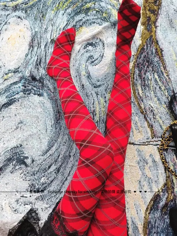 Women Vintage British Diamond Check Velvet Color‑Block Spliced Pantyhose Autumn Winter Bright Red Christmas New Year Tights