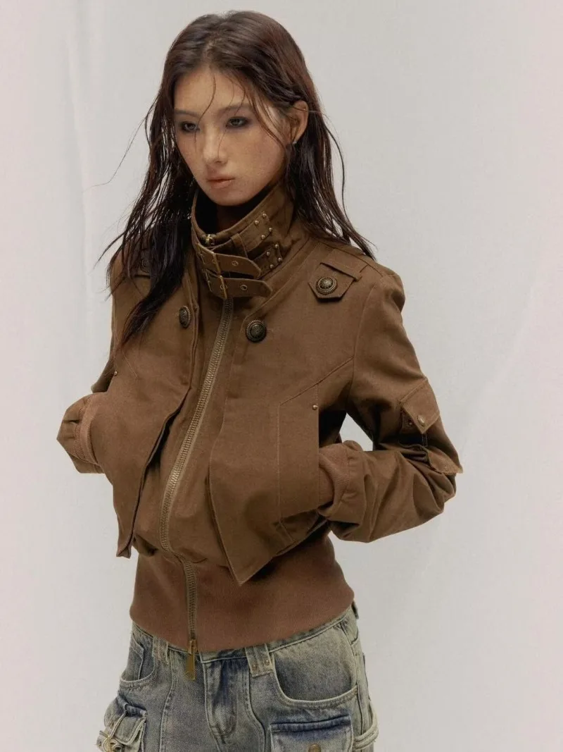 

Американская ретро уличная мотоциклетная рабочая одежда с воротником-стойкой, куртка для женщин, осенние куртки нового дизайна, верхняя новая одежда