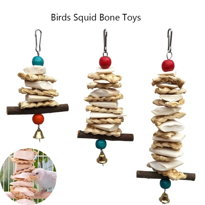 Deep Sea Squid Bone Pet Parrot Toy Bird Swing Exercise Grinding Biting Wooden Toys Pet Parrot Macaw Hammock Bird Toy with Bell