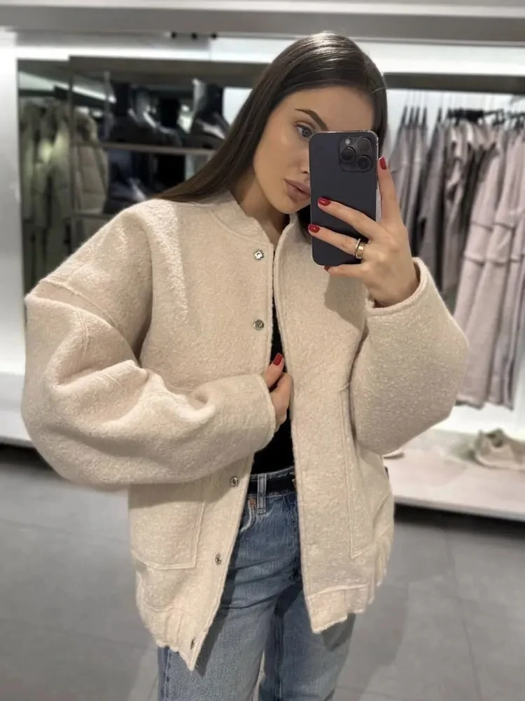 Women Fashion With Pockets Oversized Bomber Jacket Coat Vintage Long Sleeve Snap Button Female Outerwear Chic Tops