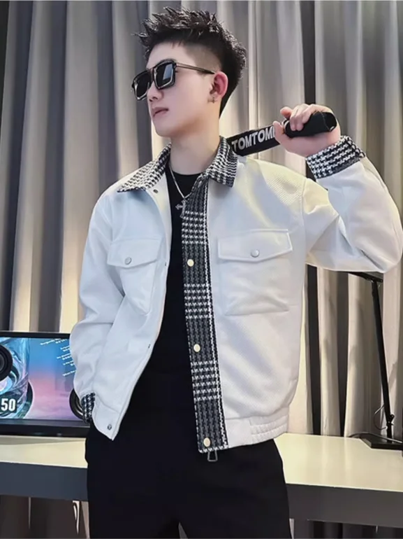 

Casual Plaid Men's Jaet with Stand Collar Splicing Design Spring Autumn Faionable Streetwear Polyester Fiber Long Sve