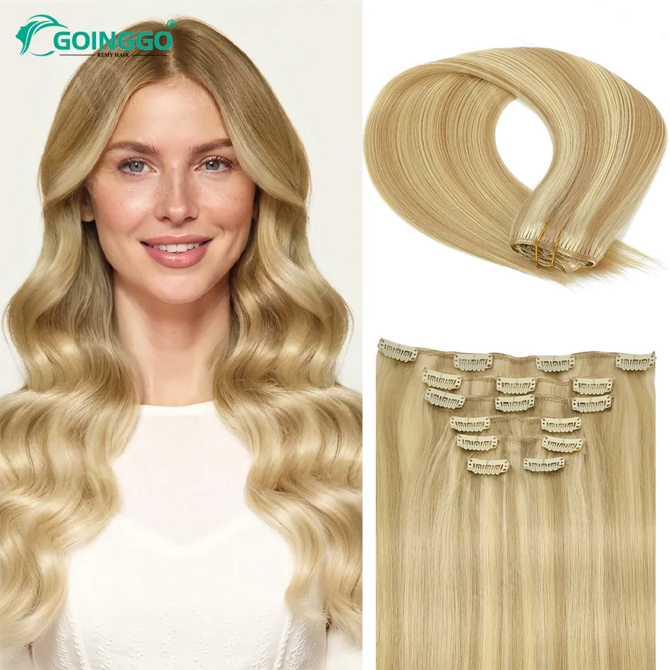 

7Pcs Clip In Human Hair Extensions 18 Inch 120G Remy Straight Full Head Clip ins Balayage Light Wheat Platinum Blonde P18/60#