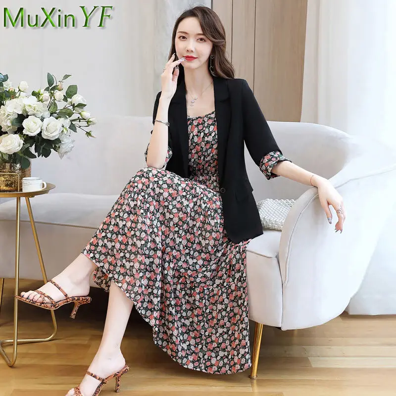 

2023 Women Work Graceful Blazers 2 Piece Set Office Lady Korean Elegant Print Sleeveless Midi Dress Black Coat Suit New Outfits