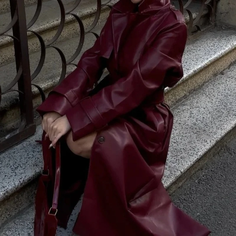 PU Leather Jacket Women Fashion with Belt Autumn Winter 2025 Loose Long Windbreaker Trench Vintage Pockets Coat Female Outerwear
