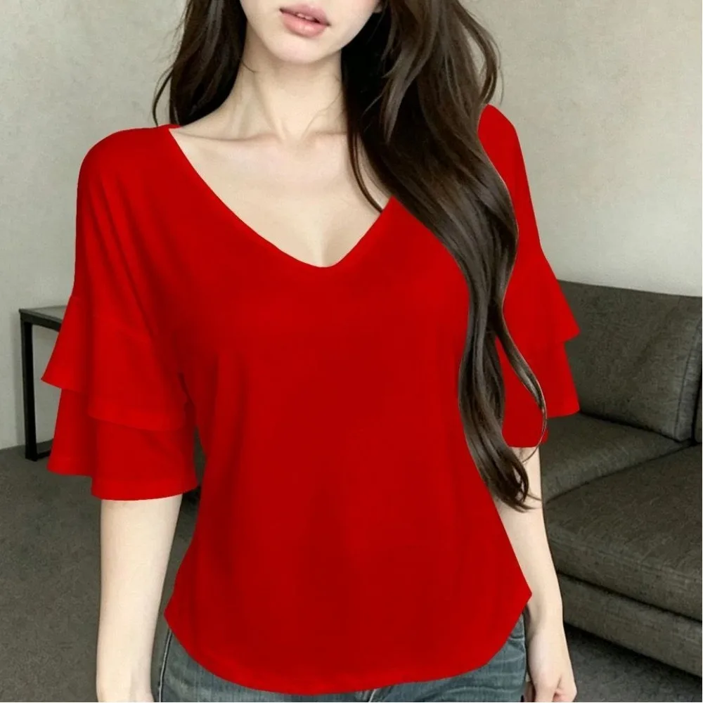 New Model Pullover Summer Ladies Fashion Loose Solid Color V-neck Tee Shirt Tops Butterfly Sleeve Short Sleeve Temperament Tops