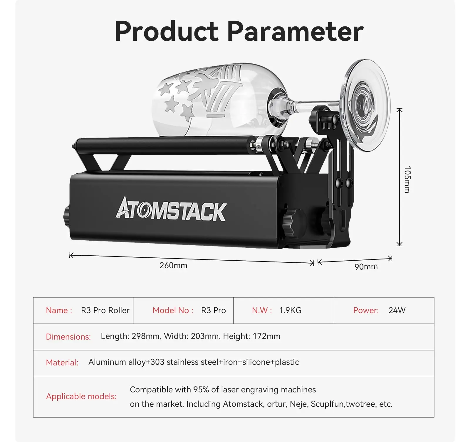 ATOMSTACK R3 Pro Laser Rotary Roller Laser Engraving Y-Axis Engraving Module 360° Rotate for Cylindrical Objects Cans