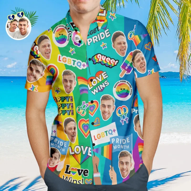 

Personalized LGBTQ Gay Couple Shirt Men Custom Face Hawaiian Shirts Women Aloha Beach Shirt Summer Street Short Sleeve Tops