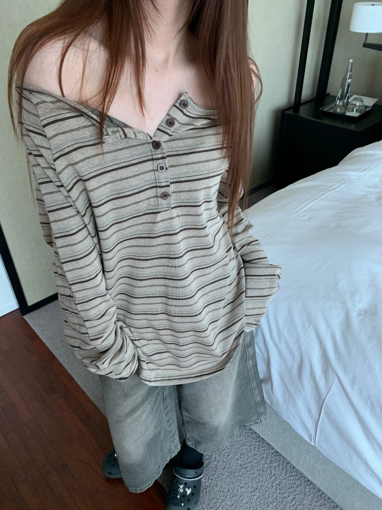 Autunno moda coreana top sottili donna vestibilità ampia manica lunga bottone colletto obliquo strisce casual retrò elegante camicetta pullover