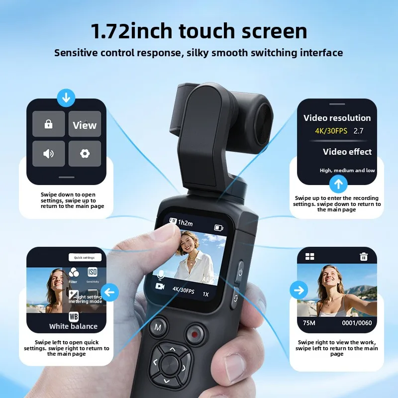 포켓 카메라 330 °   얼굴 추적 짐벌 스테빌라이저 4K 액션 카메라 1.72인치 터치 스크린 64MP 포켓 디지털 카메라 WiFi