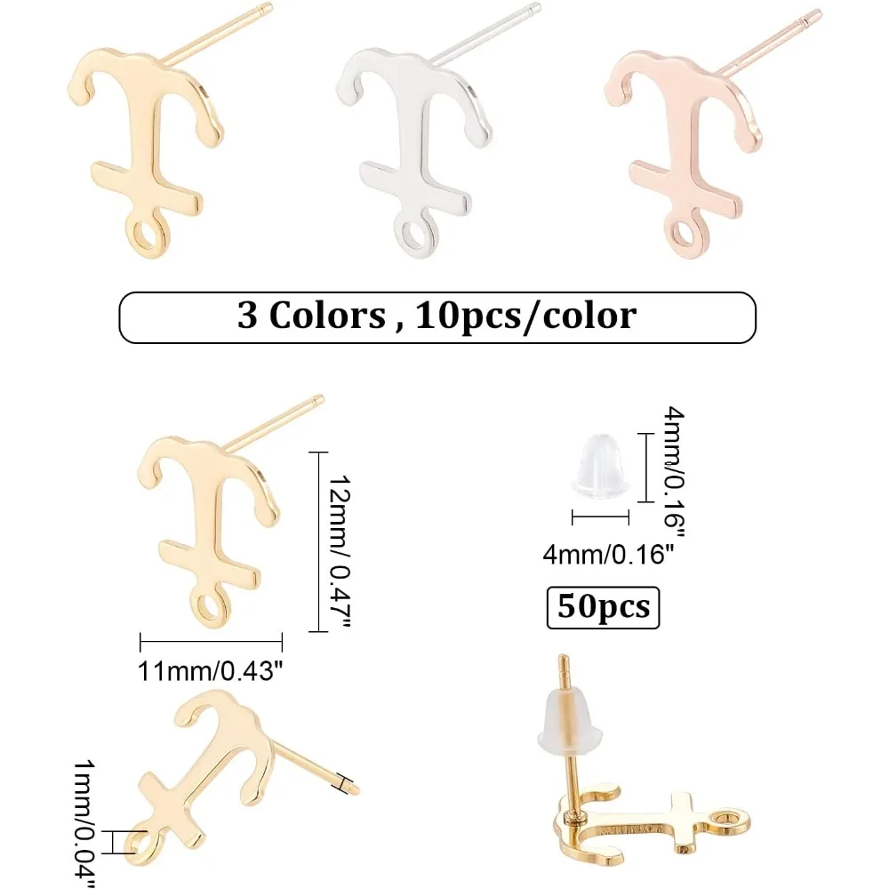 30Pcs 3 Colors Stud Earring with Loop Hole Anchor Stud Ear Stainless Steel Nautical Marine Earring Post Studs with Plastic Ear