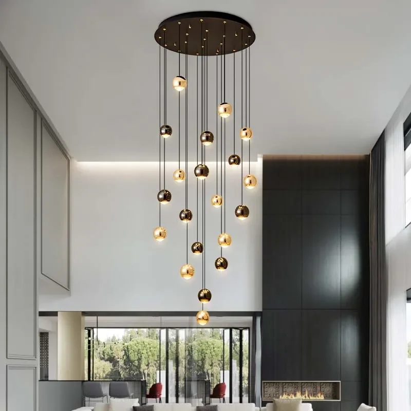 Modern LED Crystal Chandelier Art Decor Ball Long Hanging Lamps for Staircase Minimalist Round Gold Creative Lighting Fixtures