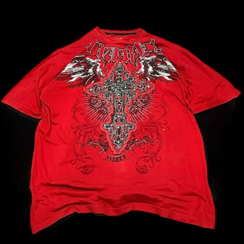 

Y2K Gothic Kingdom Metal Cross Broken Wings Printing T Shirt High Street Broken Feeling Mens Short Sleeves Couple Collocation