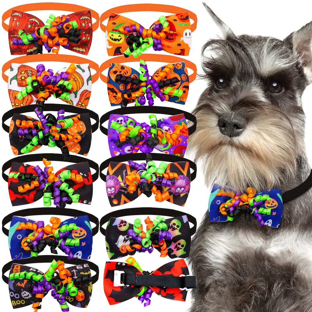 50Pieces Grosgrain Ribbon Halloween Dogs Bows Ties with Colorful Rubber Bands Adjustable Dog Hair Bowknot for Puppy Pet Supplies