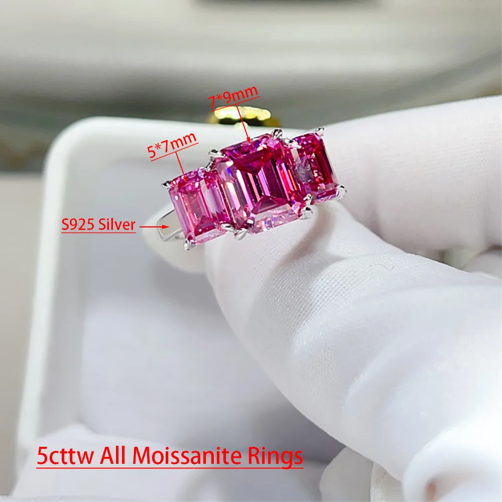 Serenity 5cttw 3 Stone Emerald Cut Pink All Moissanite Rings for Women Gift Lab Diamond Rings S925 Sterling Silver Bands Jewelry