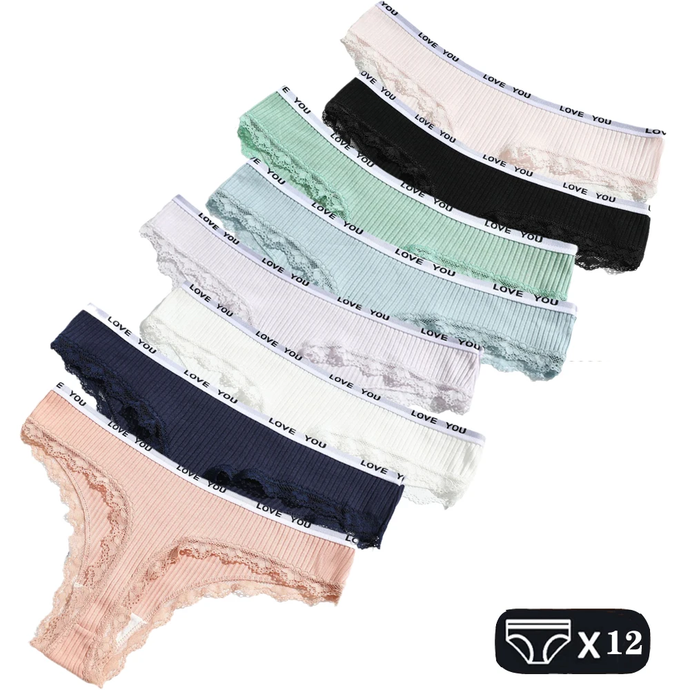 12Pcs Sexy Lace Panties Ladies Cotton G-String Letter Thongs Women's Low-Rise Bikini Briefs Sports Girls Underwear Sexy Lingerie