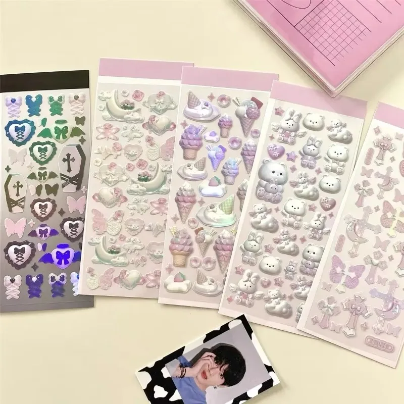 New Arrival 3pcs 5pcs Kawaii Bear Ribbon Laser Bling Stickers DIY Scrapbook Stickers Confetti Decoration DIY Photo Frame