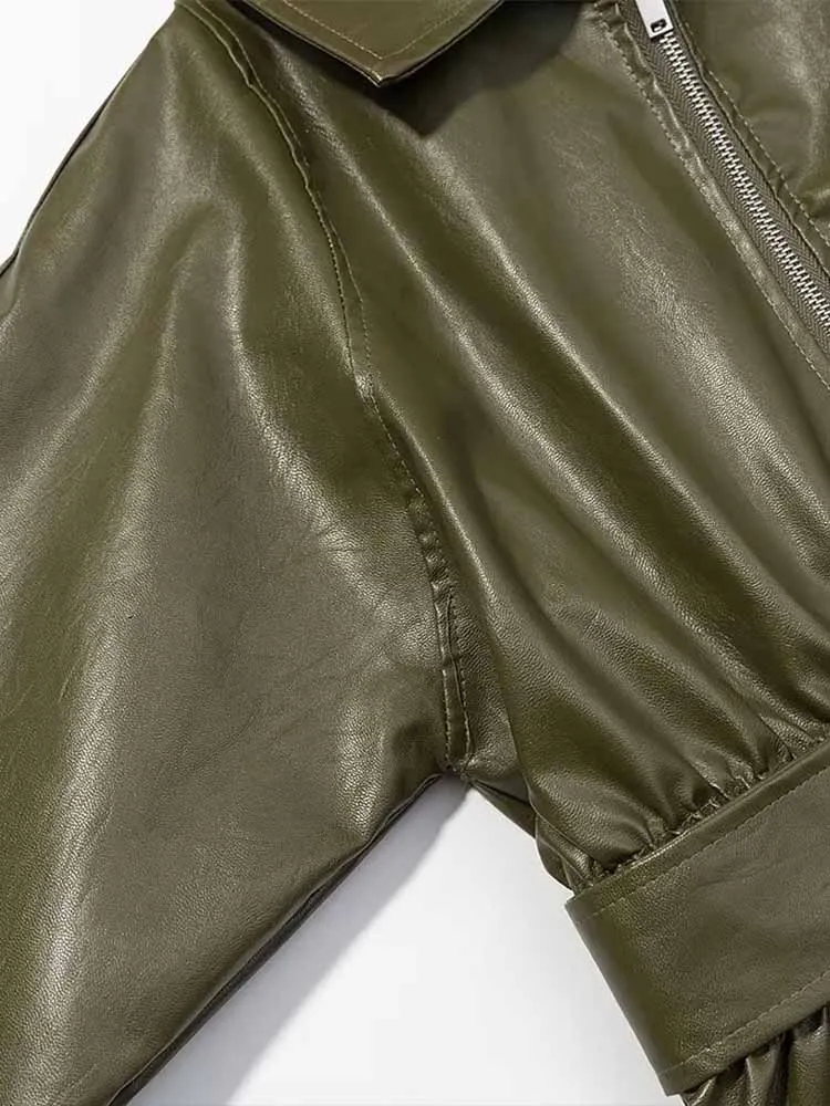 유럽 및 미국 스타일 여성 겨울 신상 패션 다용도 그린 가죽 재킷 (신축성 있는 허리밴드 포함)