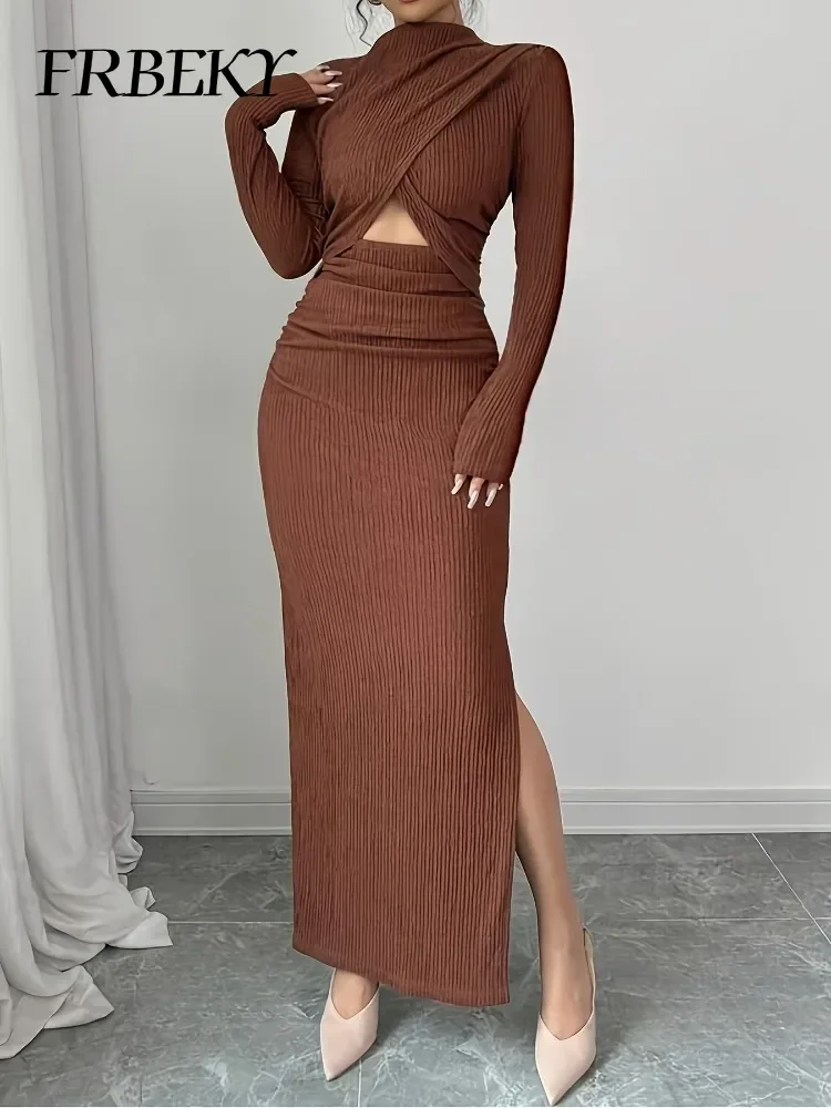 Elegante Damen Kleider Frühjahr Neue Einfarbig Stricken Designer Schlitz Gefaltete Lange Kleider, Figurbetontes Kleid Streetwear Frau Kleidung
