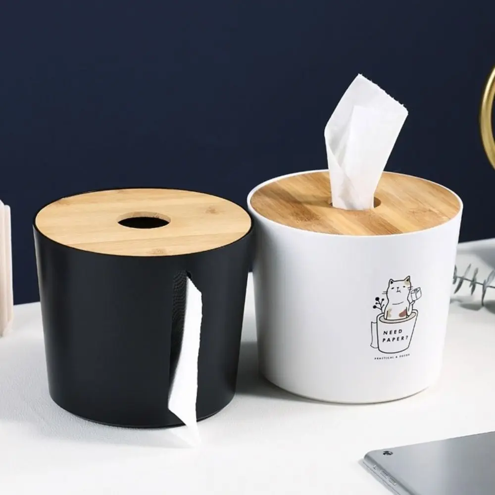 

Large Capacity Tissue Storage Box Round Space-saving Roll Paper Box Wooden Cover Simple Style Napkin Holder Case Living Room
