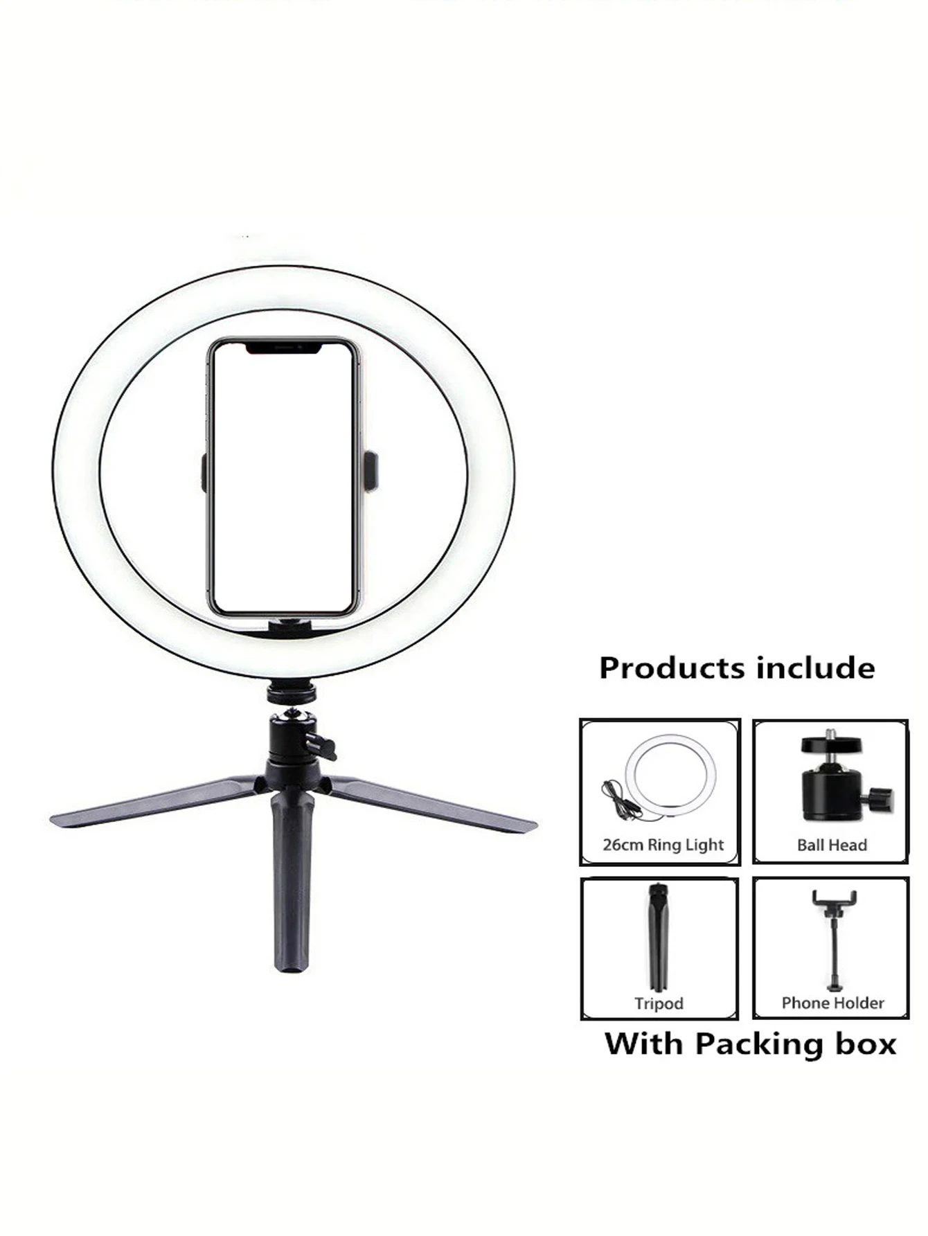 Anneau lumineux LED à intensité variable pour selfie, support de téléphone, trépied, lampe de remplissage, lumière de diffusion en direct, photographie et vidéo, 25cm