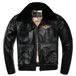 Wool Collar Air Force Flight G1 Natural Genuine Leather Jacket Men's Warm Winter Real Cowhide Clothing Man Calf Skin Loose Coats