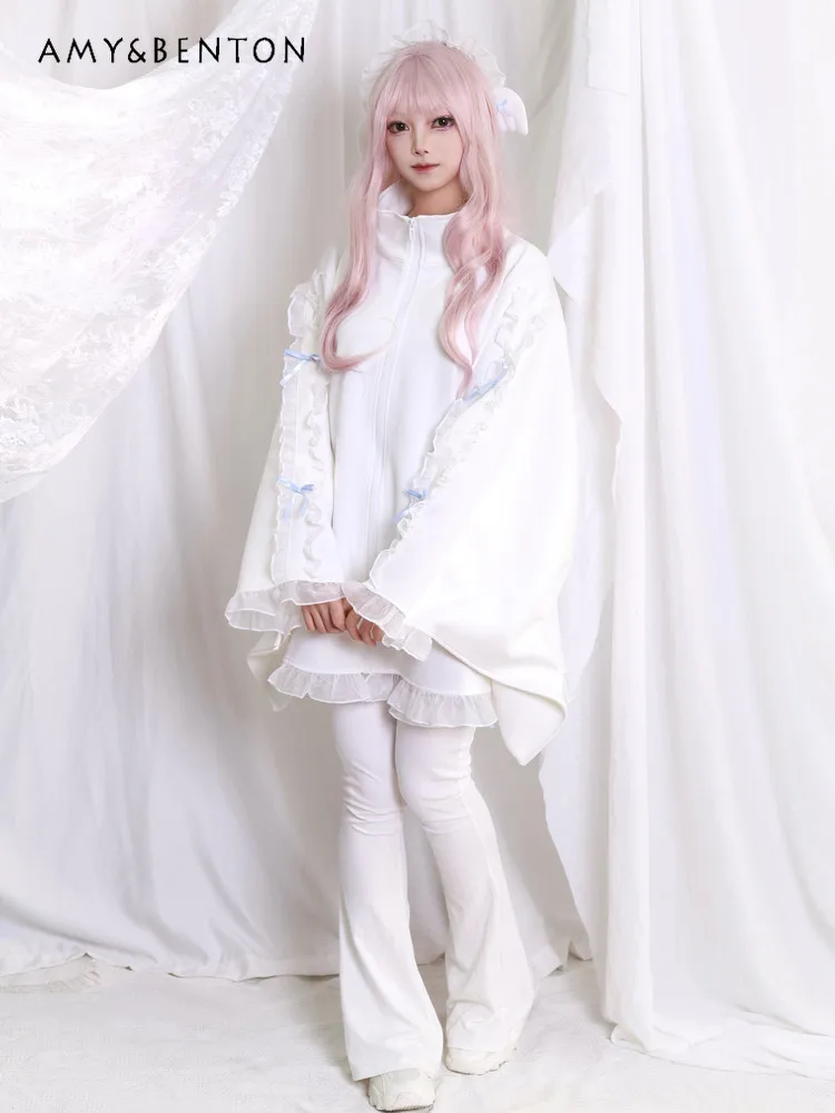 

Original Subculture Cute Bow Lace Patchwork Flare Sleeve Stand Collar Sweatshirt Women Japanese Goth Oversized Mid-length Hoodie