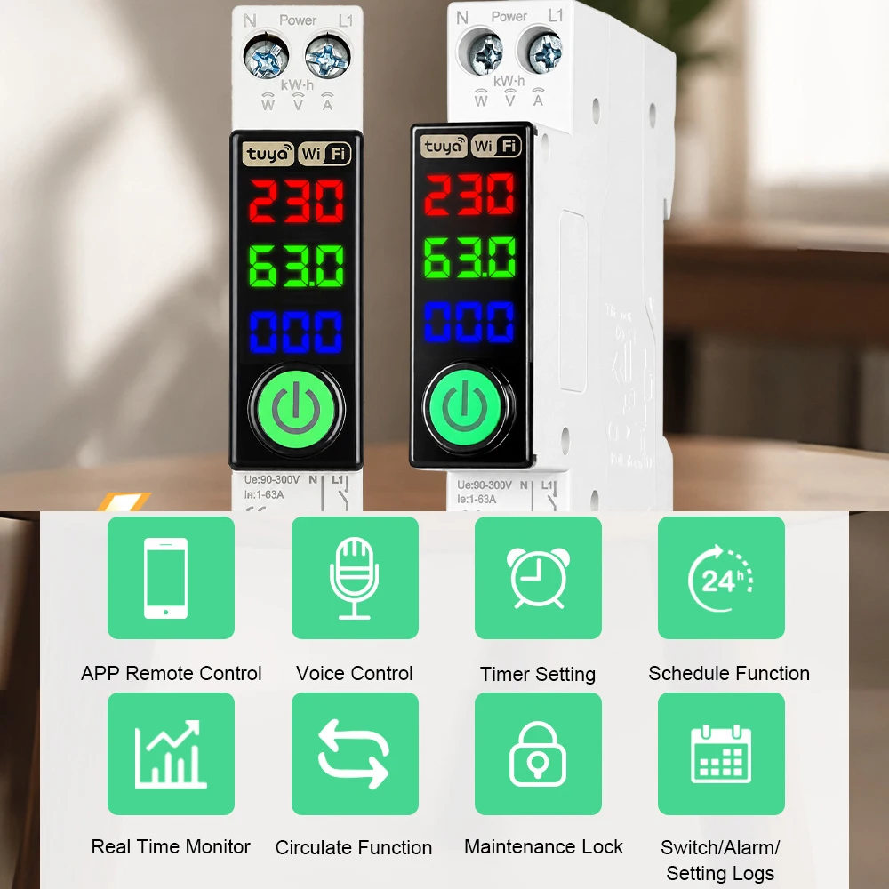 WiFi Smart Circuit Breaker 1‑63A Tuya Smart Life APP Remote Control Energy Meter Over Under Voltage Overcurrent TEMP Protection