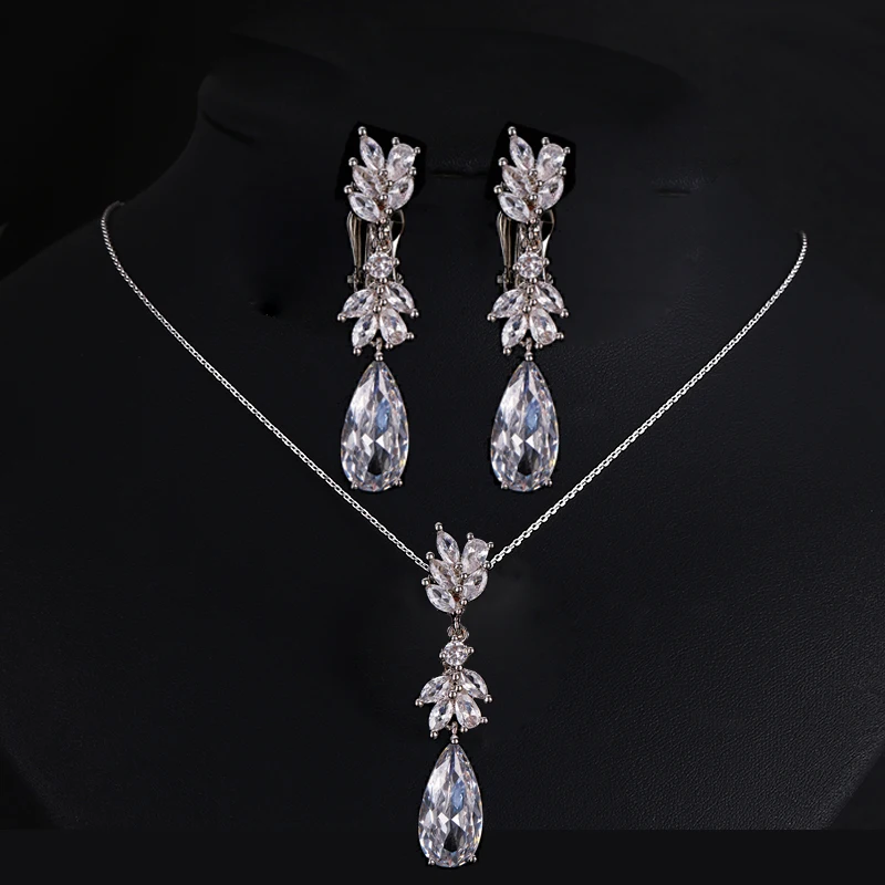 Fashion Water Drop Leaf AAA Cubic Zirconia Necklace Earrings Jewelry Sets for Women Wedding Party Accessories Set