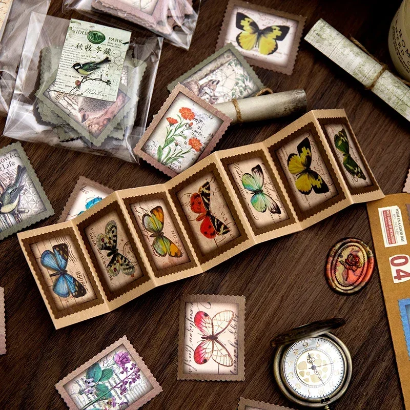 45 Stück/Packung 4 Arten Collage Literarisches Retro-Material DIY dekorativuniverse Stempel Milchhandbuch Schmetterling Aufkleber Aufkleber