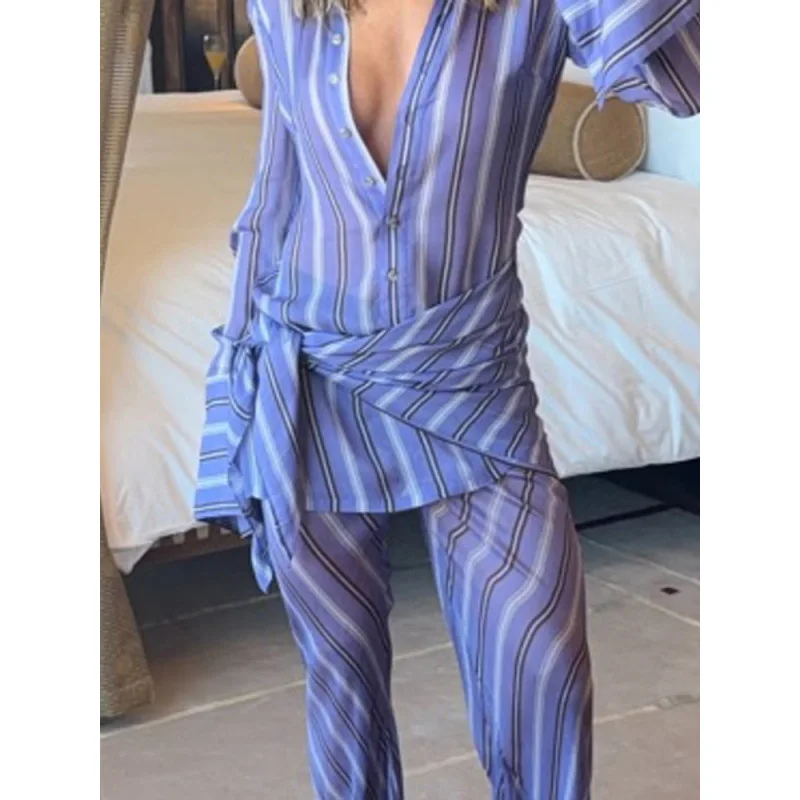 THRUM See-through Stripe Semi-Sheer Two-Piece Set Lapel Long Sleeve Button Shirt Loose Wide-leg Pant 2026 Lady Casual Outfit