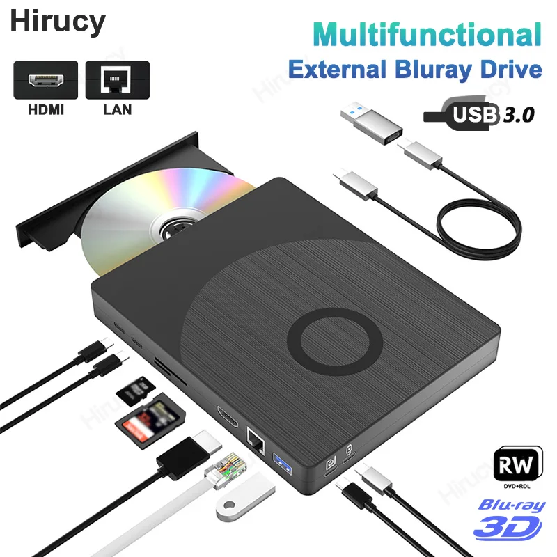 Multifunctional External Bluray Drive with HDMI and LAN Interfaces BD DVD CD -/+RW Optical Drives for Laptop PC Windows 11 Mac