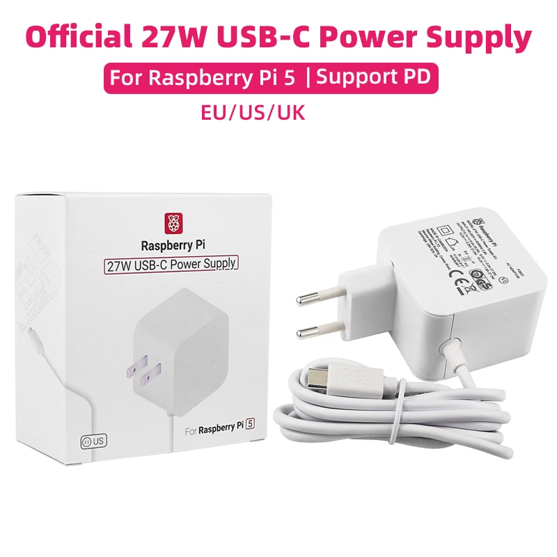 Oficjalny zasilacz USB-C Raspberry Pi 27W 5.1V 5A kompatybilny z ładowaniem PD Wtyczka EU US UK dla Raspberry Pi 5