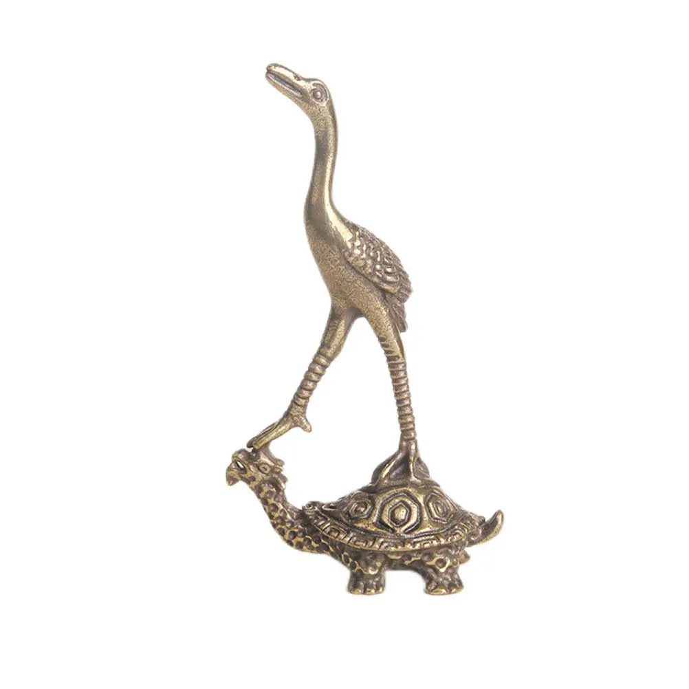 Retro Brass Turtle Crane Statue Small Creative Desktop Decor Office Home Tabletop Ornament Tea Pet Adornment Vintage Animal