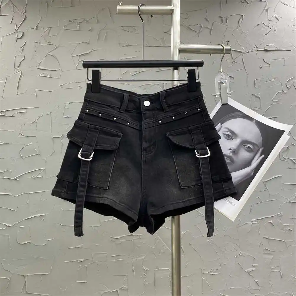 

Retro Denim Shorts Fashion High Street Pocket Cargo Pants Women's Spring Summer New Elastic High waisted Jean Wide Leg Pants