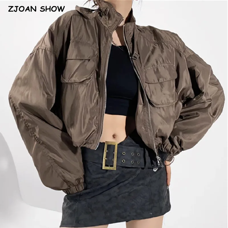 

2023 Autumn Stand Collar Outdoor Jackets Fashion Women Front Pockets Zipper Safari Coat Loose Bomber Short Outerwear