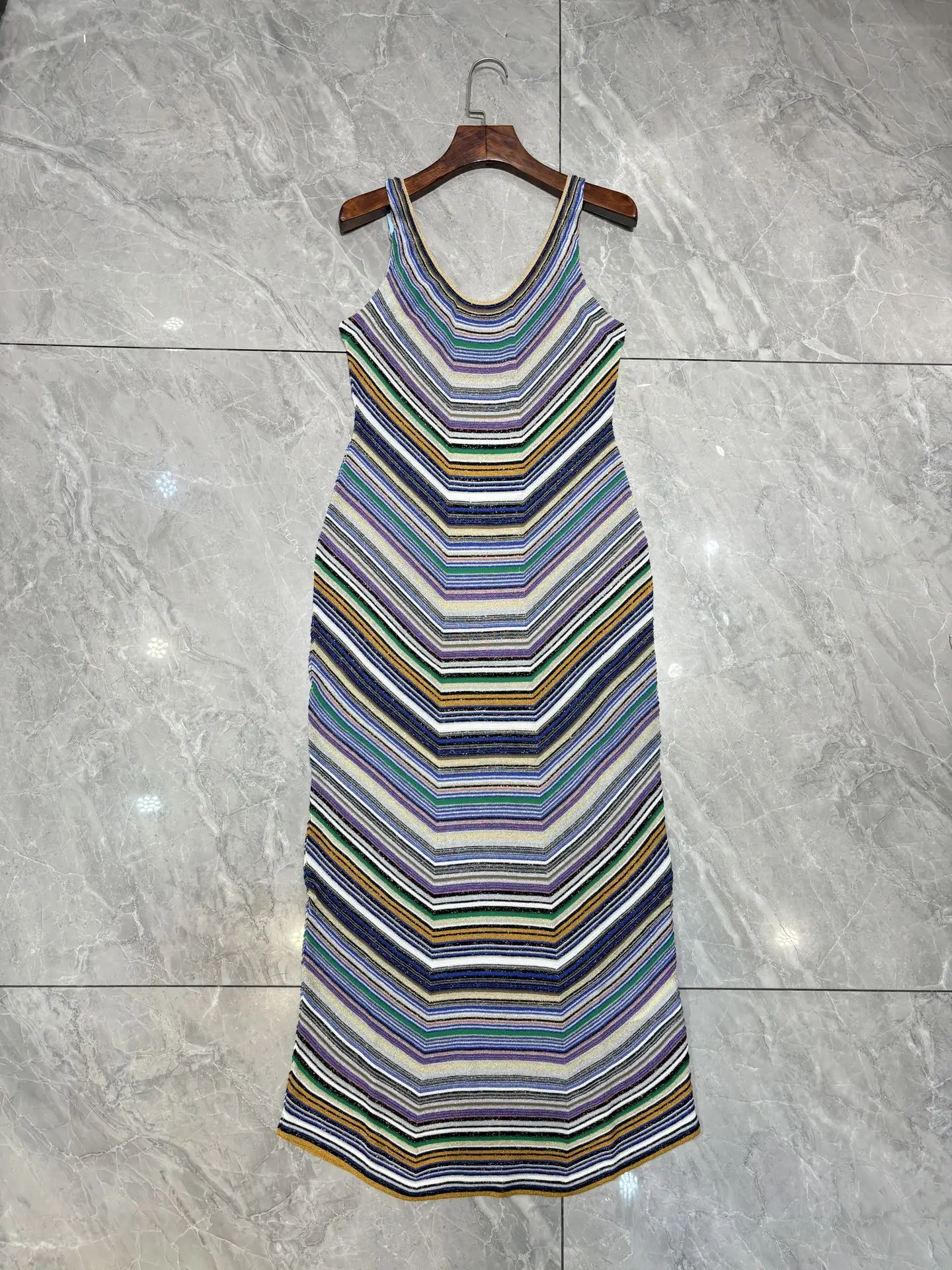 

2026 Women's Colorful Striped Slim Robe U-Neck Sleeveless High Waist Vintage Female Knit Long Dress