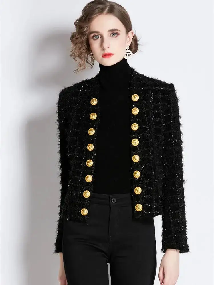 Women Black Tweed Short Cardigan Slim Outwear Jacket Top Autumn Winter New Metal Double Breasted Tassel Bright Silk Wool Coat