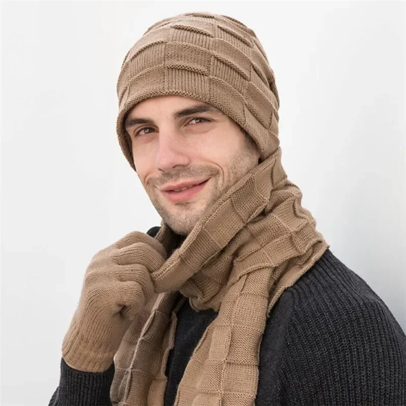 Bufanda larga tejida para hombre, conjunto de 3 piezas, guantes para hombre, gorro de protección de felpa cálido para invierno 2019, bufandas y