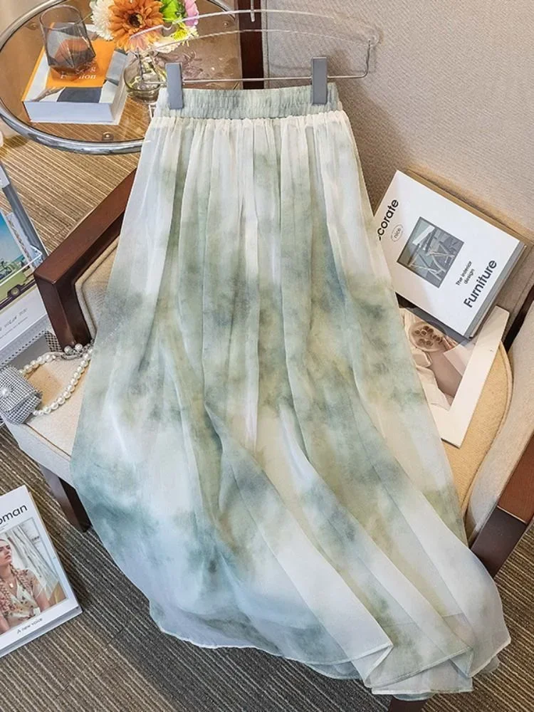 

2025 Summer Temperament Chiffon A-line Chinese Style Ink Printing Skirt