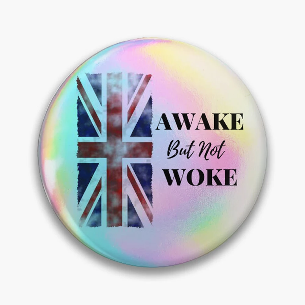 Awake But Not Woke, Anti Woke Culture, Awake Not Woke UK Flag Pin Holographic Star Heart Pin Brooches Laminated Button Fashion A