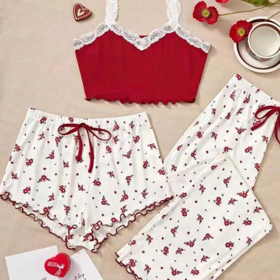 

Floral Print Women's Pajama Set with Thin Strap Shorts And Pants Cute Lightweight Sleepwear for Autumn Season