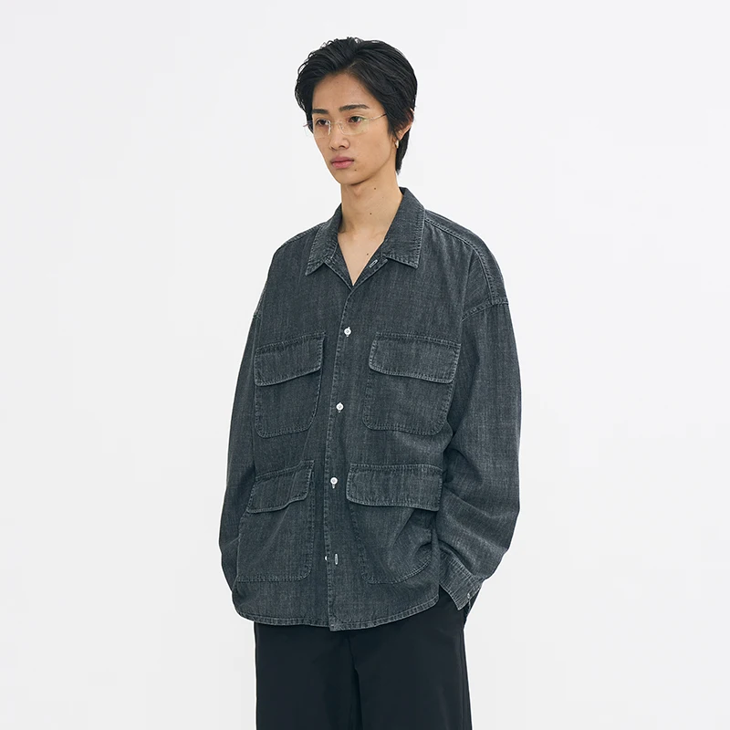 

Retro Waed Casual Long Sve Denim Work irt Loose Fit Youthful Sle Outdoor Wear Cotton ket Design Non-Stretch